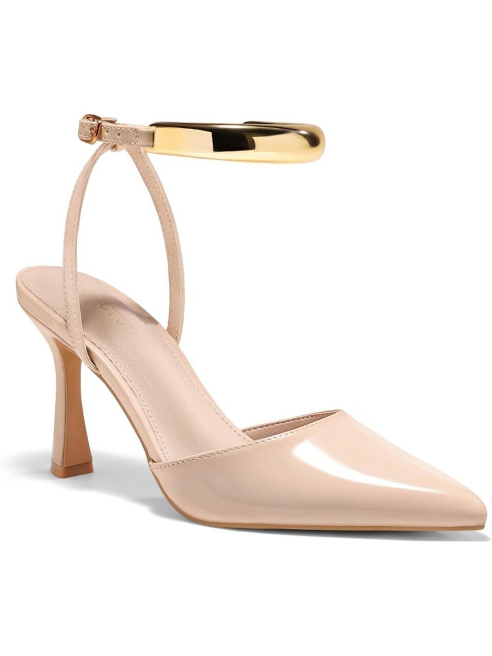 Women's Nude Faux Leather Closed Pointed Toe Ankle Strap Party Wear High Heels